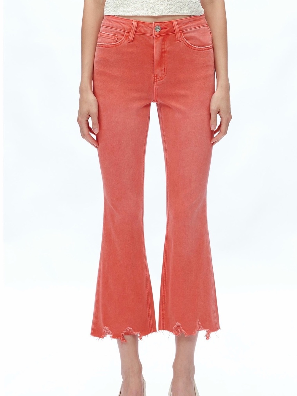 BAYEAS Coral Orange Cropped Jeans Women's Size 32 Raw Hem Stretch Mid Rise Ankle